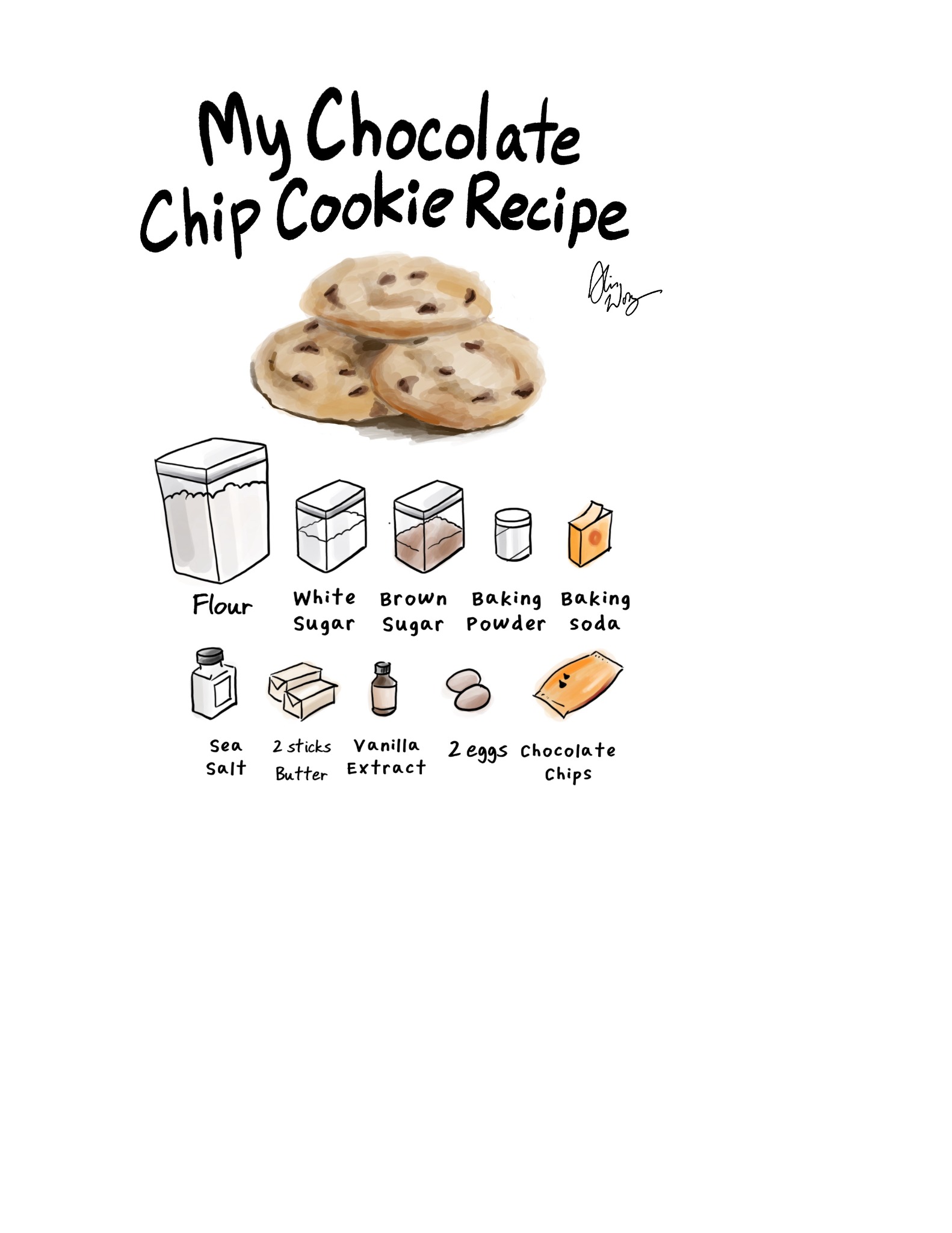 Illustrated chocolate chip cookie recipe ingredients